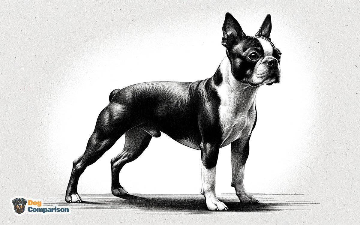 Full body sketch of a Boston Terrier, standing in a side view