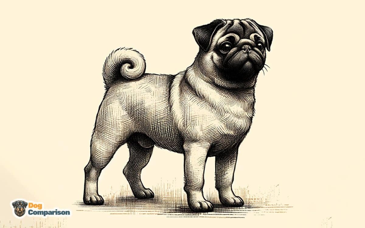 Full body sketch of a Pug, standing in a side view