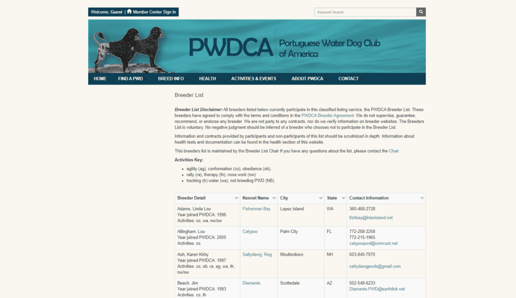  Portuguese Water Dog Club of America website