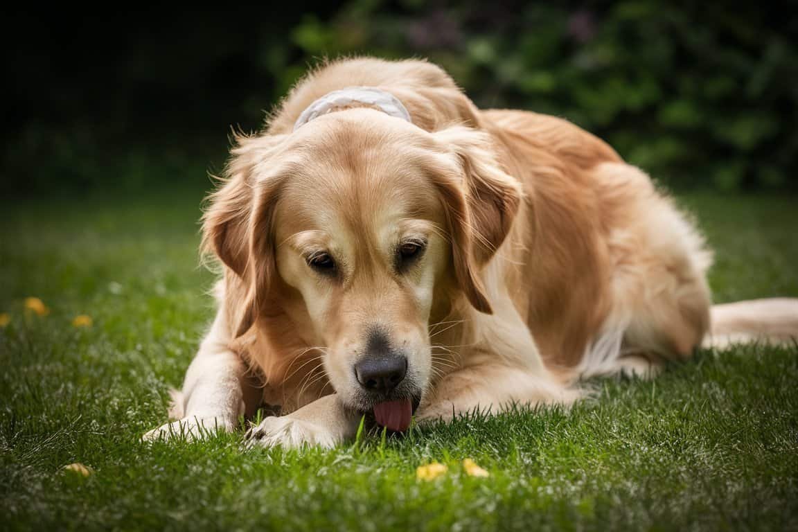 Dog licking its paw